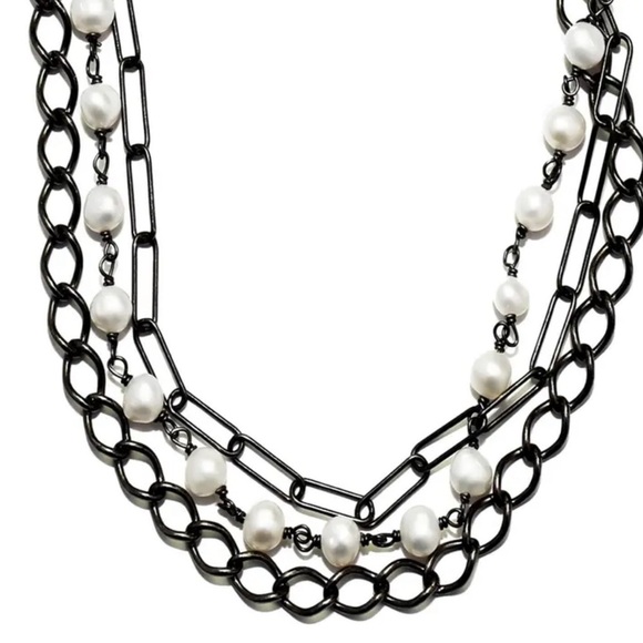 Messy Layered Pearl Necklace Gunmetal Black Rhodium Plated Sterling Silver - Picture 1 of 8